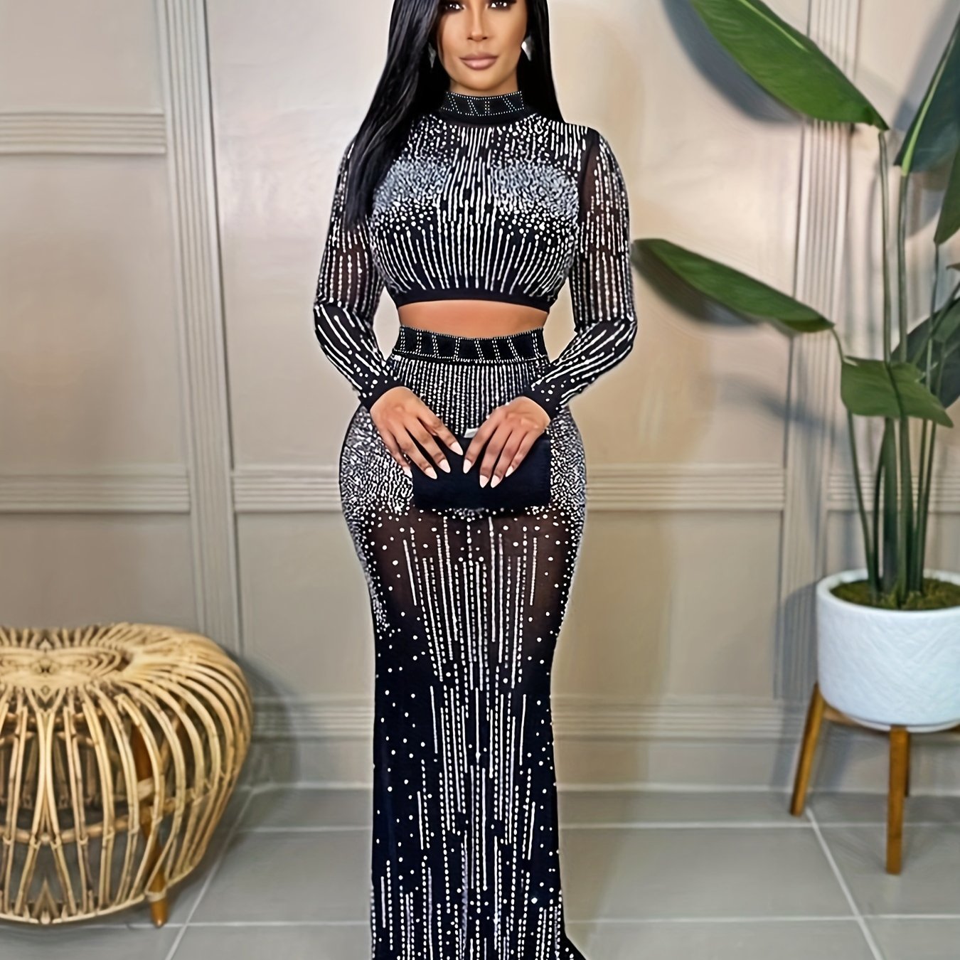 Two-Piece Glamour Set - Rhinestone Embellished Bodycon Crop Top & High Waist Floor Length Skirt - Women's Party Clothing for Special Occasions