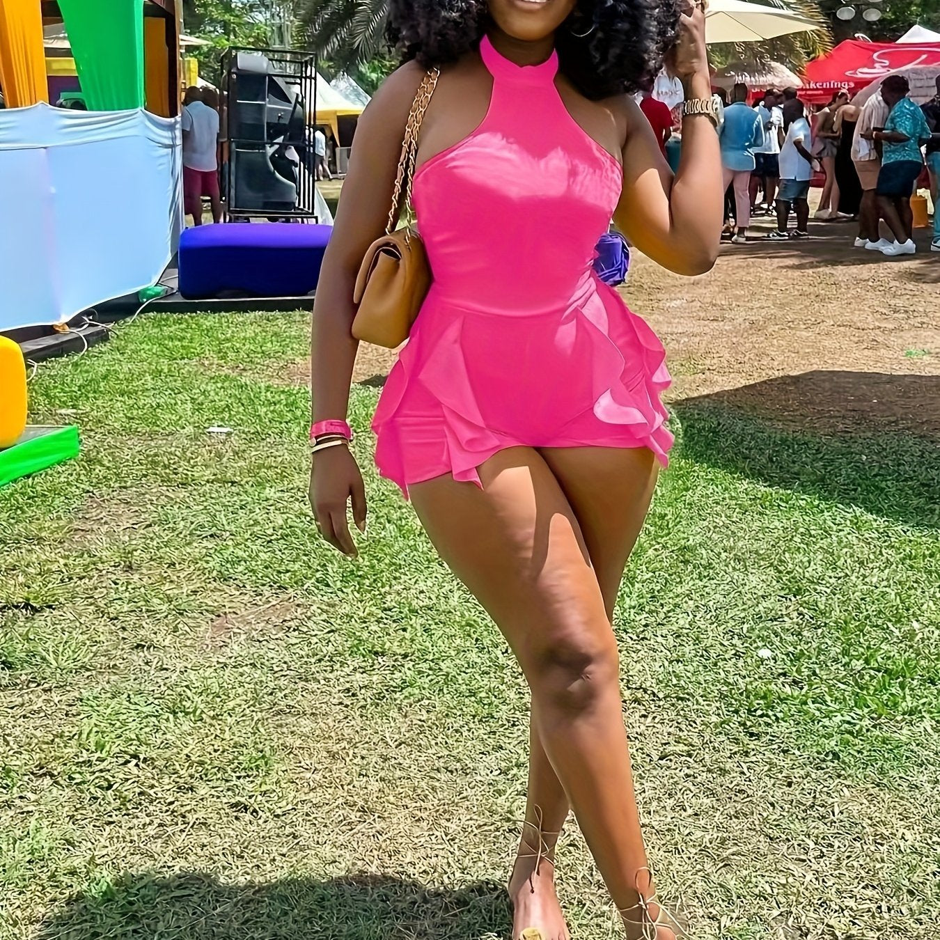 Women's Sexy Halter-Neck Romper with Flirty Ruffle Hem - Sleeveless Vibrant Yellow Stretchy Machine-Washable Jumpsuit for Spring/Summer Outings, Beach Parties & Casual Wear, Beach Dresses