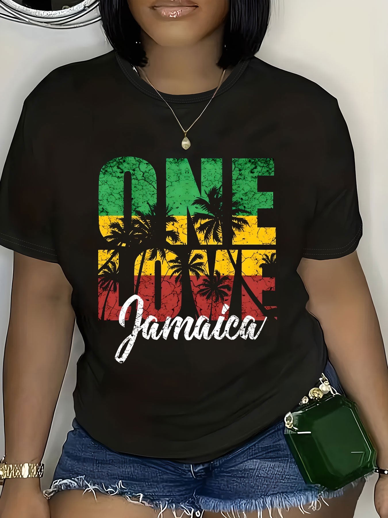 Jamaica-Inspired One Love Graphic T-Shirt, Polyester Blend, Casual Crew Neck Tee, Geometric Pattern, Short Sleeve, Slight Stretch, Knit Fabric, Regular Length Pullover for All Seasons