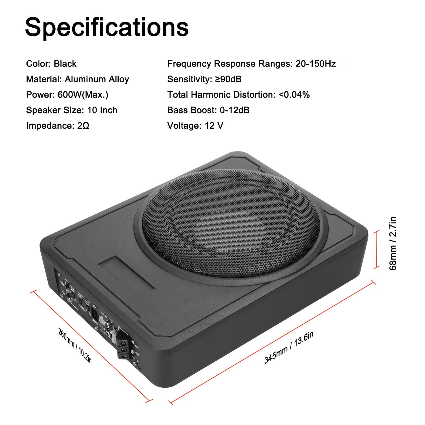 10 Inch 600W Car Subwoofer High Power Pure Bass Under-Seat Power Amplifiers Speaker 12 V For Car Truck RV, Without Battery