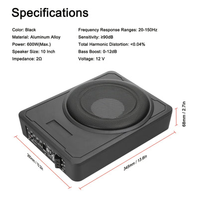 10 Inch 600W Car Subwoofer High Power Pure Bass Under-Seat Power Amplifiers Speaker 12 V For Car Truck RV, Without Battery