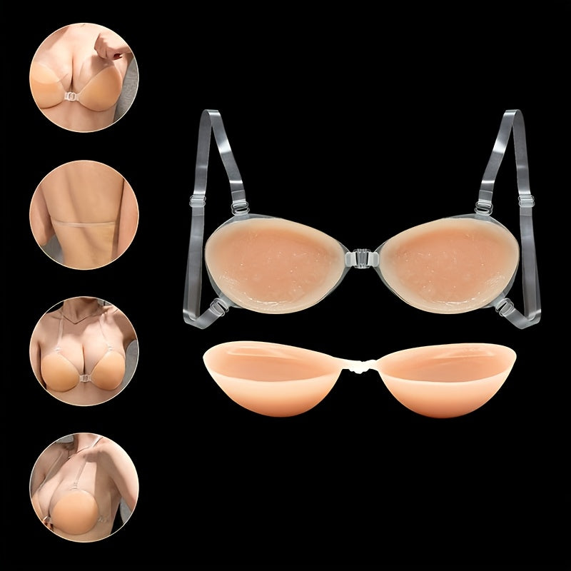 2 Pairs of Elegant Seamless Strapless Silicone Bras - Self-Adhesive with Transparent Straps, Women’s Push-Up Tank Top Style, Smooth & Invisible Lift for Sleeveless Outfits, Discreet Undergarment | Elegant Strapless Bra | Selfadhesive Cups
