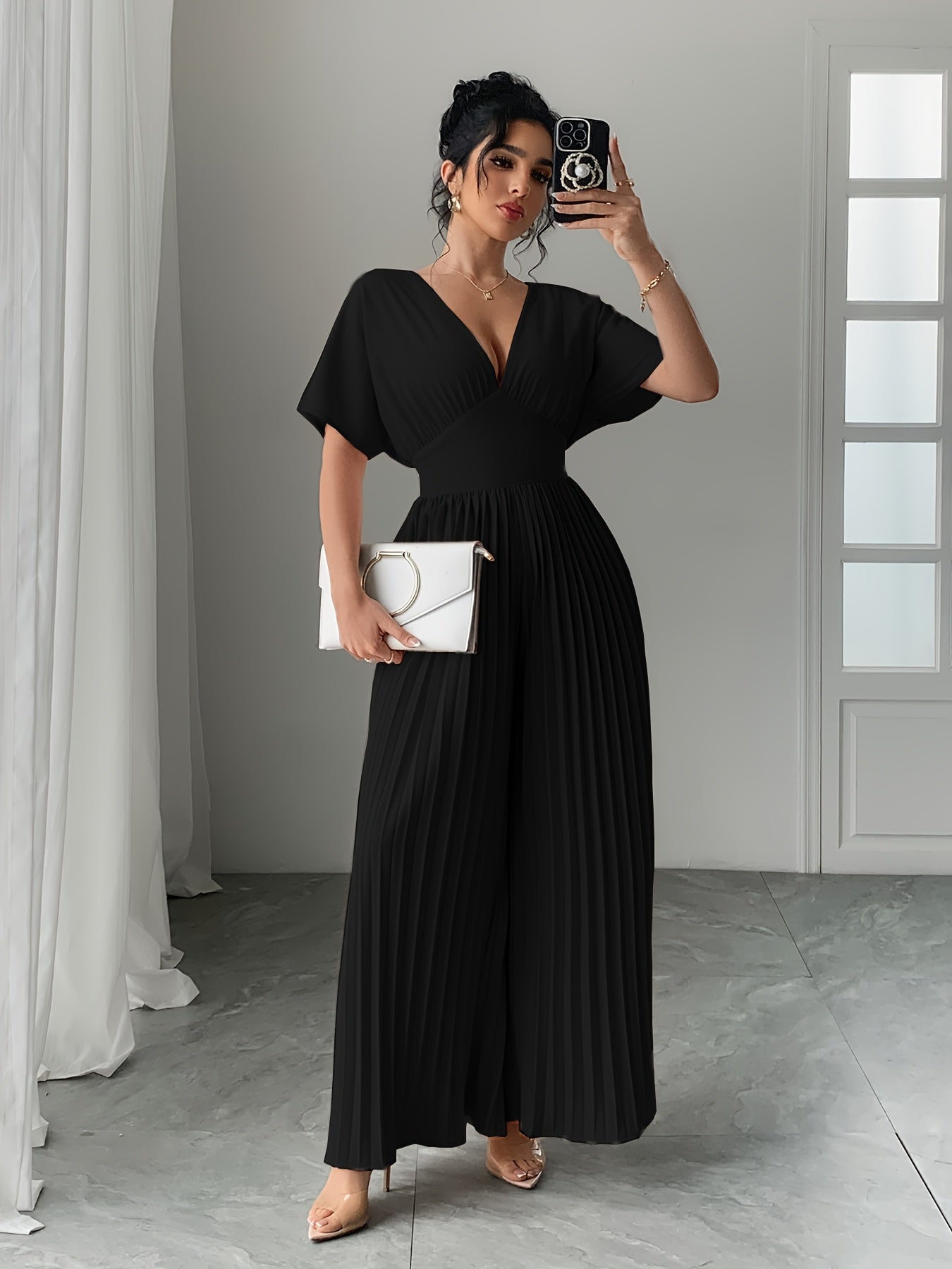 Women's Solid Deep V-Neck Bat Wing Pleat Elegant Jumpsuit