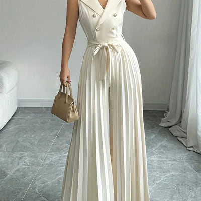 Elegant Apricot Double-Breasted Pleated Jumpsuit for Women - High-Waisted, Sleeveless, Polyester Blend, Perfect for Spring & Fall, Adult Size, Elegant Attire|Sleek Fitted Jumpsuit|Polyester Blend Jumpsui