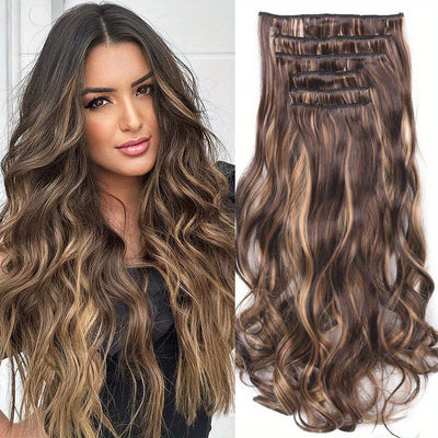 Heat Resistant 22 Inch Body Wave Clip-In Hair Extensions - 6 Pack of Double Weft Synthetic Hair for Women Hair Clips Hair Accessories Halloween Christmas