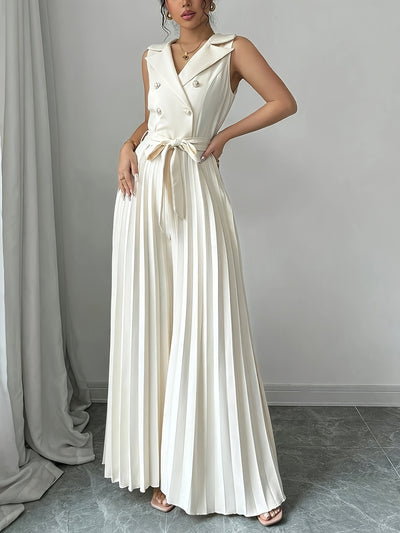 Elegant Apricot Double-Breasted Pleated Jumpsuit for Women - High-Waisted, Sleeveless, Polyester Blend, Perfect for Spring & Fall, Adult Size, Elegant Attire|Sleek Fitted Jumpsuit|Polyester Blend Jumpsui
