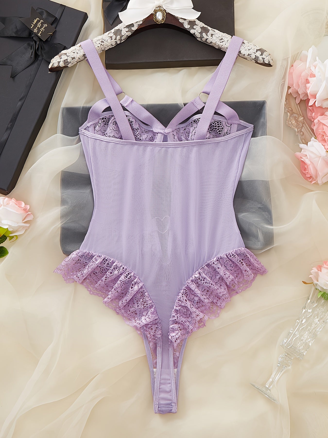 Hot Contrast Lace Teddy, Lettuce Trim Heart Decor Cut Out Strappy Thong Bodysuit, Women's Sexy Lingerie & Underwear
