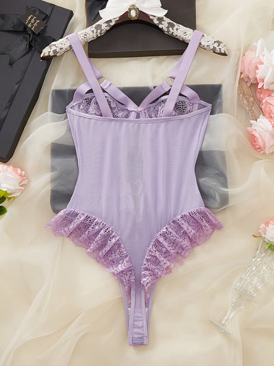 Hot Contrast Lace Teddy, Lettuce Trim Heart Decor Cut Out Strappy Thong Bodysuit, Women's Sexy Lingerie & Underwear