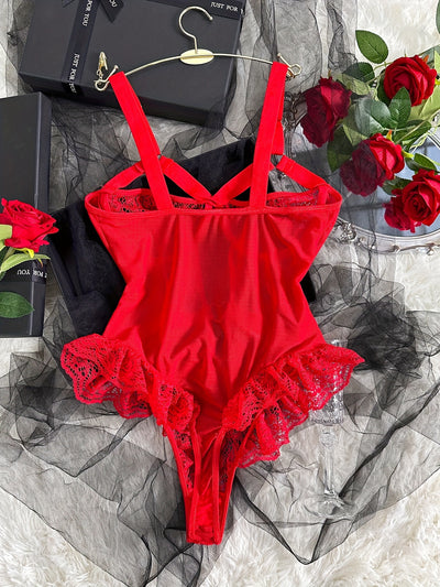 Hot Contrast Lace Teddy, Lettuce Trim Heart Decor Cut Out Strappy Thong Bodysuit, Women's Sexy Lingerie & Underwear