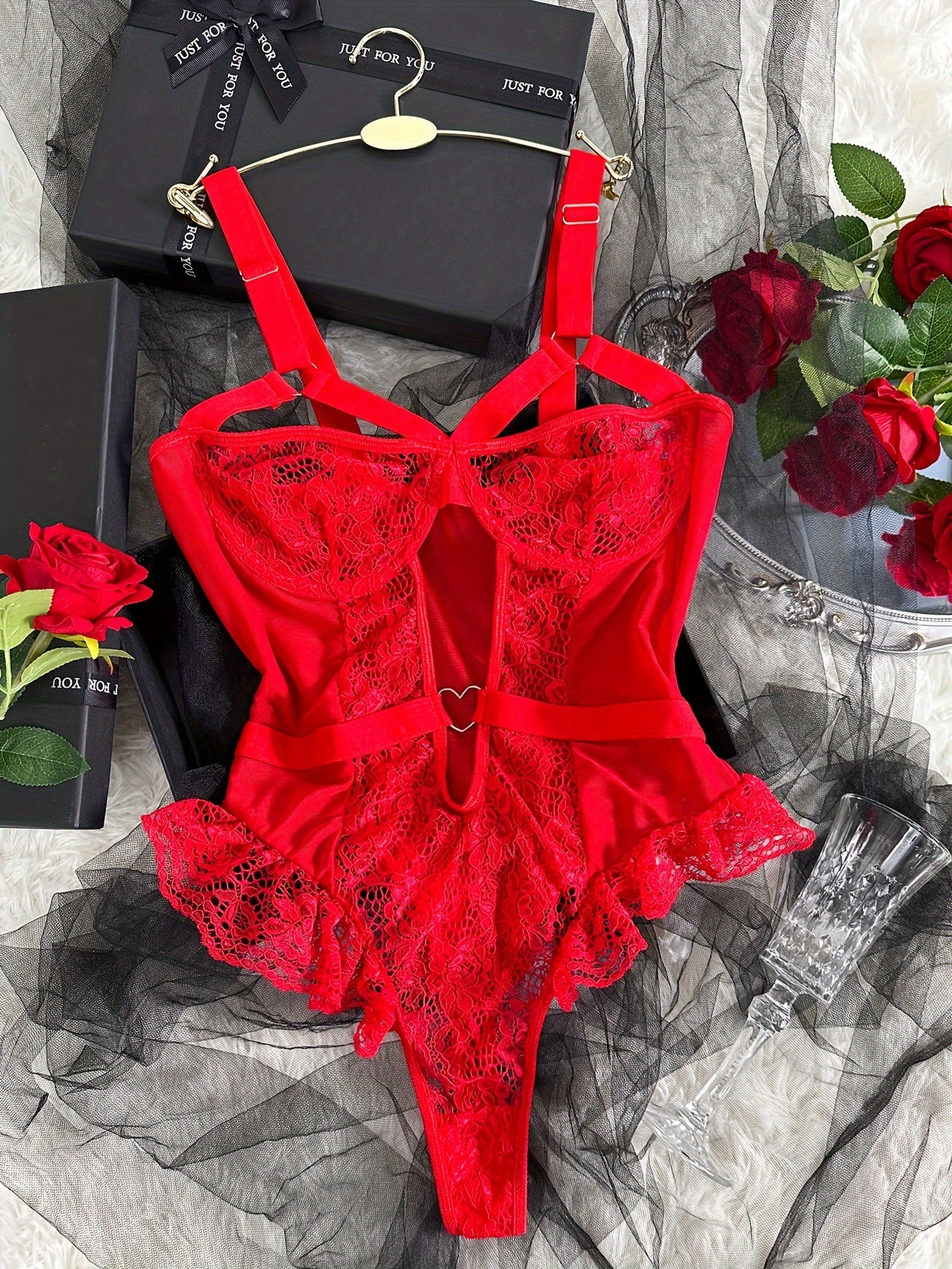Hot Contrast Lace Teddy, Lettuce Trim Heart Decor Cut Out Strappy Thong Bodysuit, Women's Sexy Lingerie & Underwear
