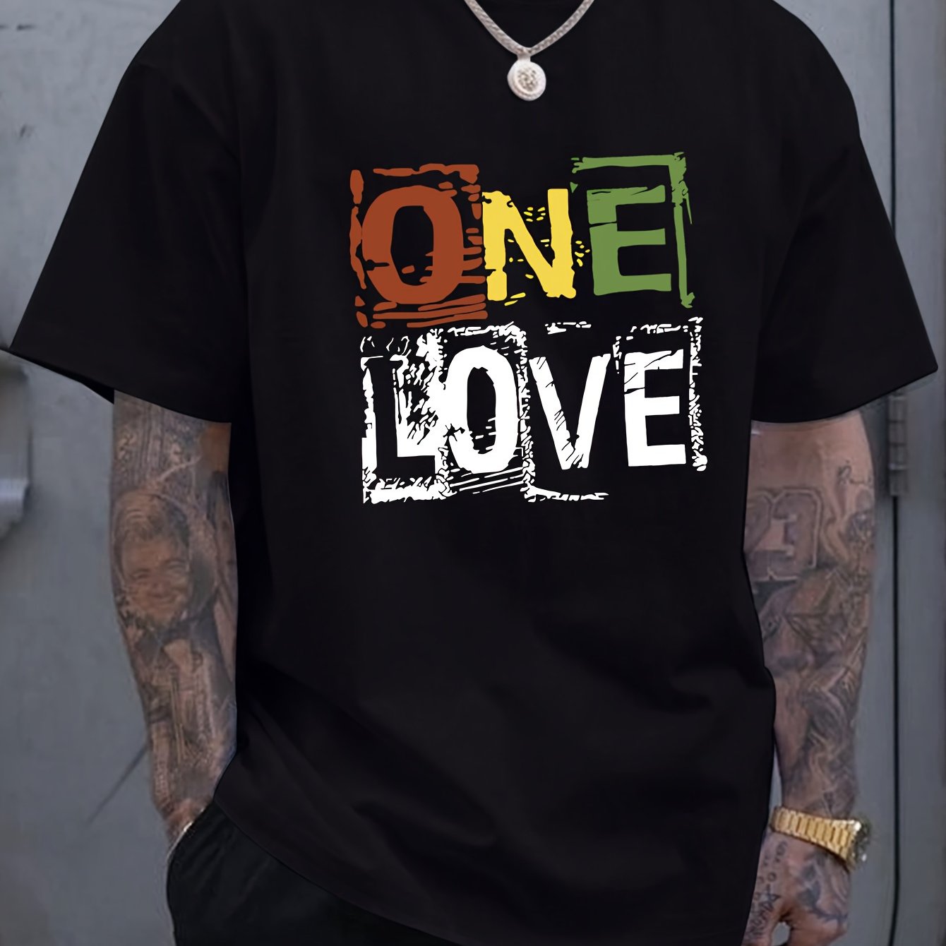 Men's short-sleeved T-shirt, love letter print, comfortable and casual, elastic neckline, suitable for men outdoor wear
