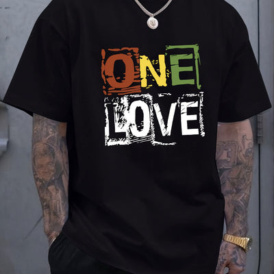 Men's short-sleeved T-shirt, love letter print, comfortable and casual, elastic neckline, suitable for men outdoor wear
