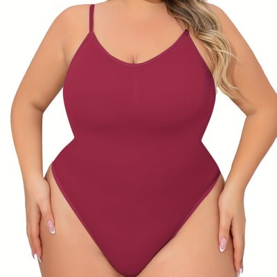 Plus Size Women's Adjustable Strap Bodysuit, One-piece Thong Bodysuit, Seamless Solid Color Bodysuit, Women's Underwear And Shapewear