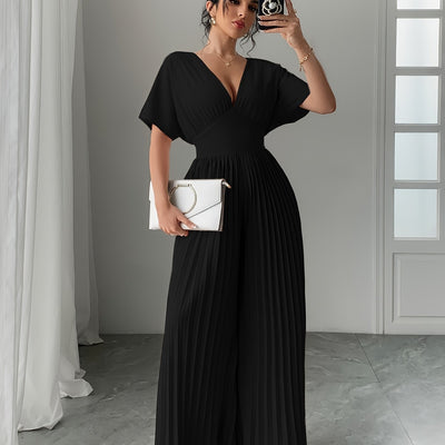 Women's Solid Deep V-Neck Bat Wing Pleat Elegant Jumpsuit