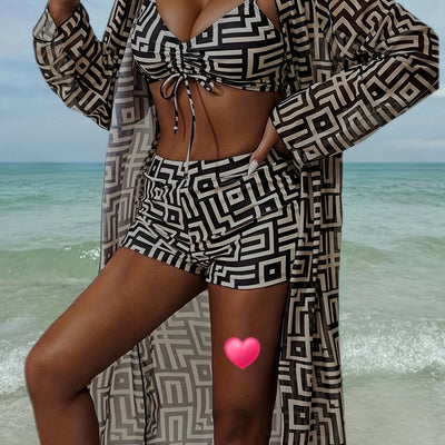 Womens Geo Print Swimsuit 3pcs Set, 3pcs Bikini Set Swimsuit