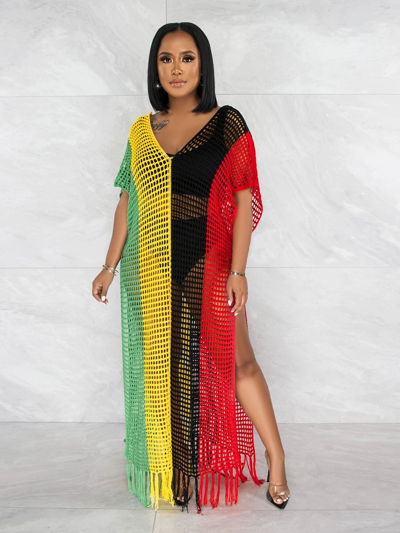 Women's Plus Size Knit Dress, Sexy Beach Cover-Up With Fringe Detail, Semi-Sheer Holiday Fashion