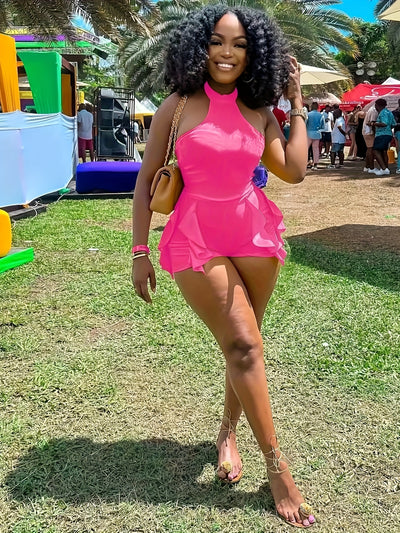 Women's Sexy Halter-Neck Romper with Flirty Ruffle Hem - Sleeveless Vibrant Yellow Stretchy Machine-Washable Jumpsuit for Spring/Summer Outings, Beach Parties & Casual Wear, Beach Dresses