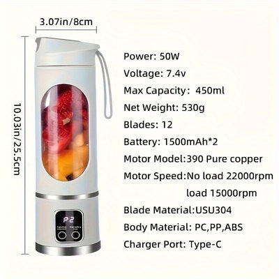 Mini Juice Blender, Portable Electric Usb Rechargeable Travel Blender, Three Modes, Digital Display, 12 Blades, Easy To Clean