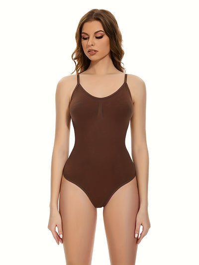 1pc Women'S Seamless One-Piece Body Shaper - Solid Color Nylon Knit Leotard with Backless Detail, Shoulder/Spaghetti Strap, Hip-Lifting Button Pants - Versatile Underwear and Shapewear for All Seasons