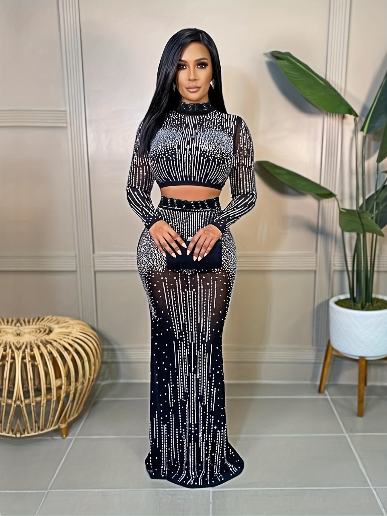 Two-Piece Glamour Set - Rhinestone Embellished Bodycon Crop Top & High Waist Floor Length Skirt - Women's Party Clothing for Special Occasions