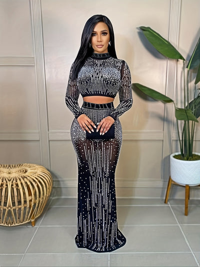 Two-Piece Glamour Set - Rhinestone Embellished Bodycon Crop Top & High Waist Floor Length Skirt - Women's Party Clothing for Special Occasions
