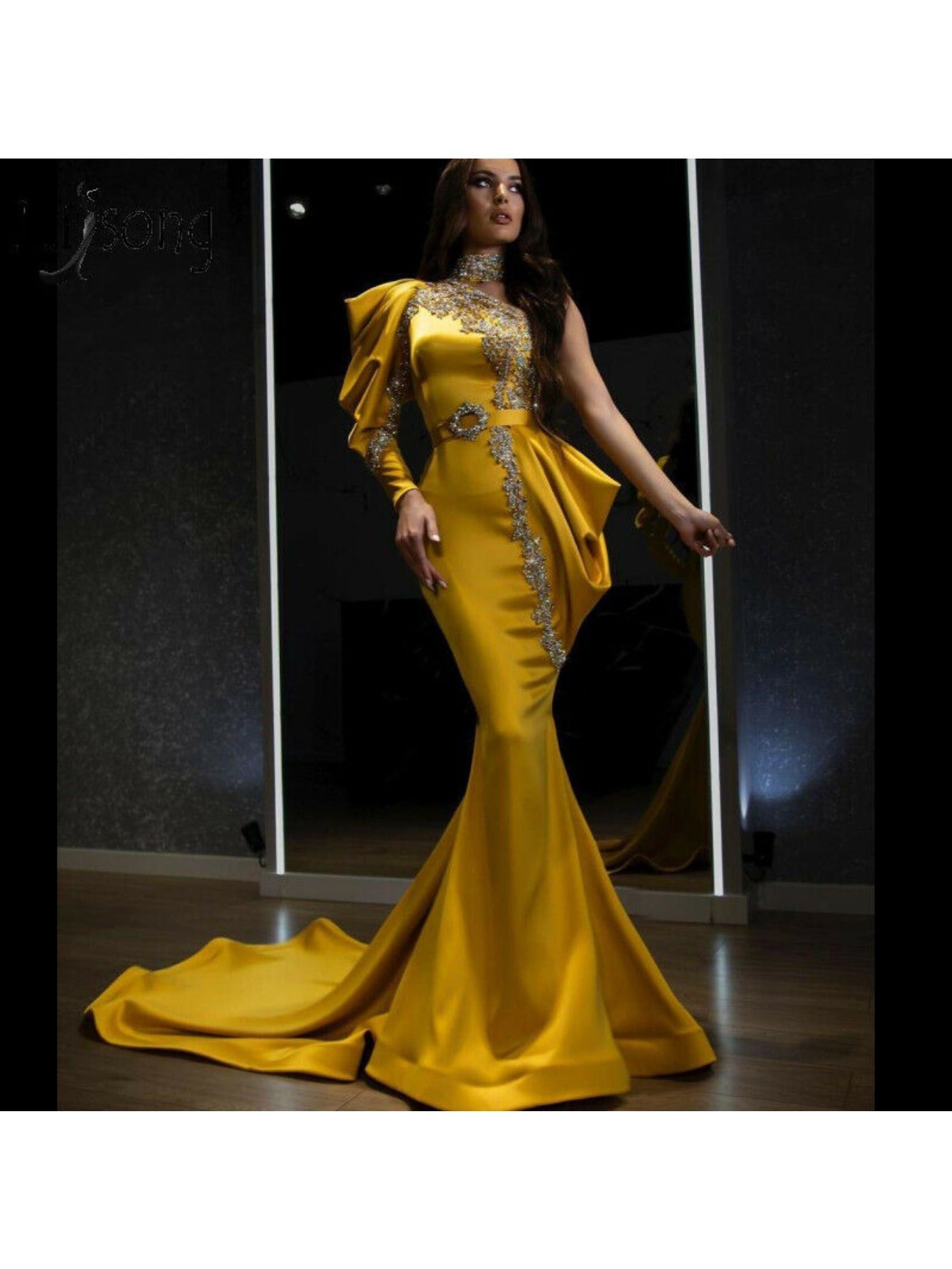 Women's Elegant Off-Shoulder Evening Gown - Vibrant Yellow Golden Sequin Embellished Mermaid Party Dress for Galas, Sophisticated Craftsmanship
