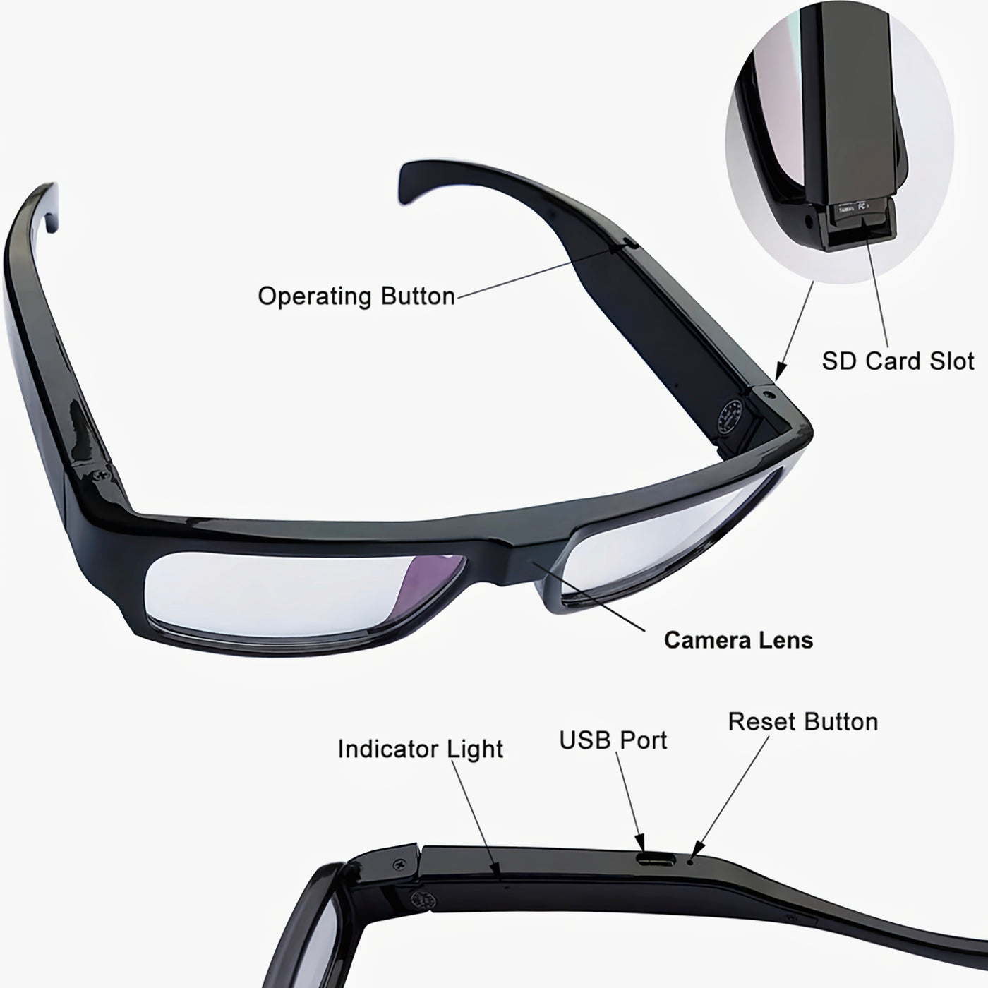 Video Glasses, Portable Camera Glasses, 1080P Sports Camera, Outdoor Cyclingmini Camera Glasses, with 64GB Storage Card