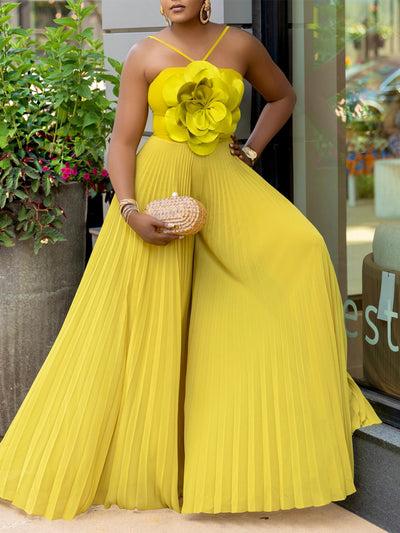 Women'S European And American Summer Hanging Neck Three-Dimensional Flower Solid Color Wide Leg Plus Size Foreign Trade Jumpsuit