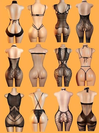 Random shipment, 12 black mesh underwear randomly unlocked one piece, randomly unlocked one lace full body jumpsuit, - sexy tight semi transparent black underwear, tempting clothing | vest jumpsuit | unforgettable night