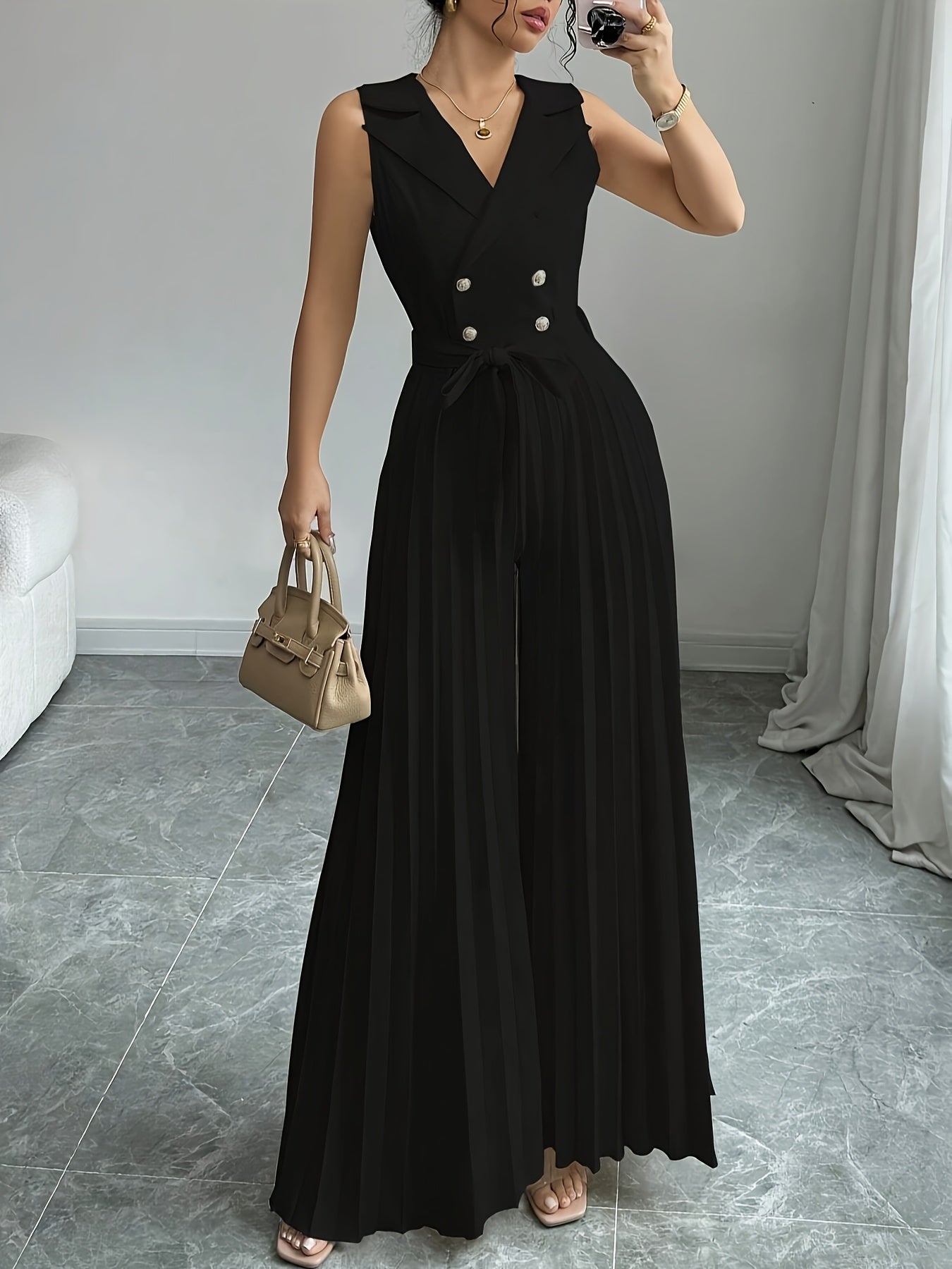 Elegant Apricot Double-Breasted Pleated Jumpsuit for Women - High-Waisted, Sleeveless, Polyester Blend, Perfect for Spring & Fall, Adult Size, Elegant Attire|Sleek Fitted Jumpsuit|Polyester Blend Jumpsui