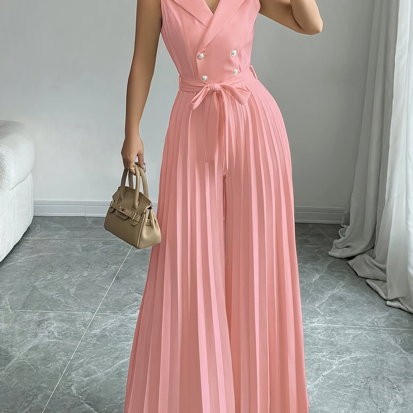 Elegant Apricot Double-Breasted Pleated Jumpsuit for Women - High-Waisted, Sleeveless, Polyester Blend, Perfect for Spring & Fall, Adult Size, Elegant Attire|Sleek Fitted Jumpsuit|Polyester Blend Jumpsui