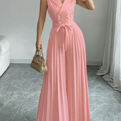 Elegant Apricot Double-Breasted Pleated Jumpsuit for Women - High-Waisted, Sleeveless, Polyester Blend, Perfect for Spring & Fall, Adult Size, Elegant Attire|Sleek Fitted Jumpsuit|Polyester Blend Jumpsui