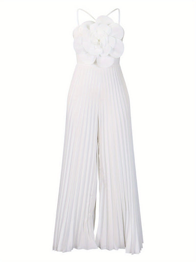 Women'S European And American Summer Hanging Neck Three-Dimensional Flower Solid Color Wide Leg Plus Size Foreign Trade Jumpsuit