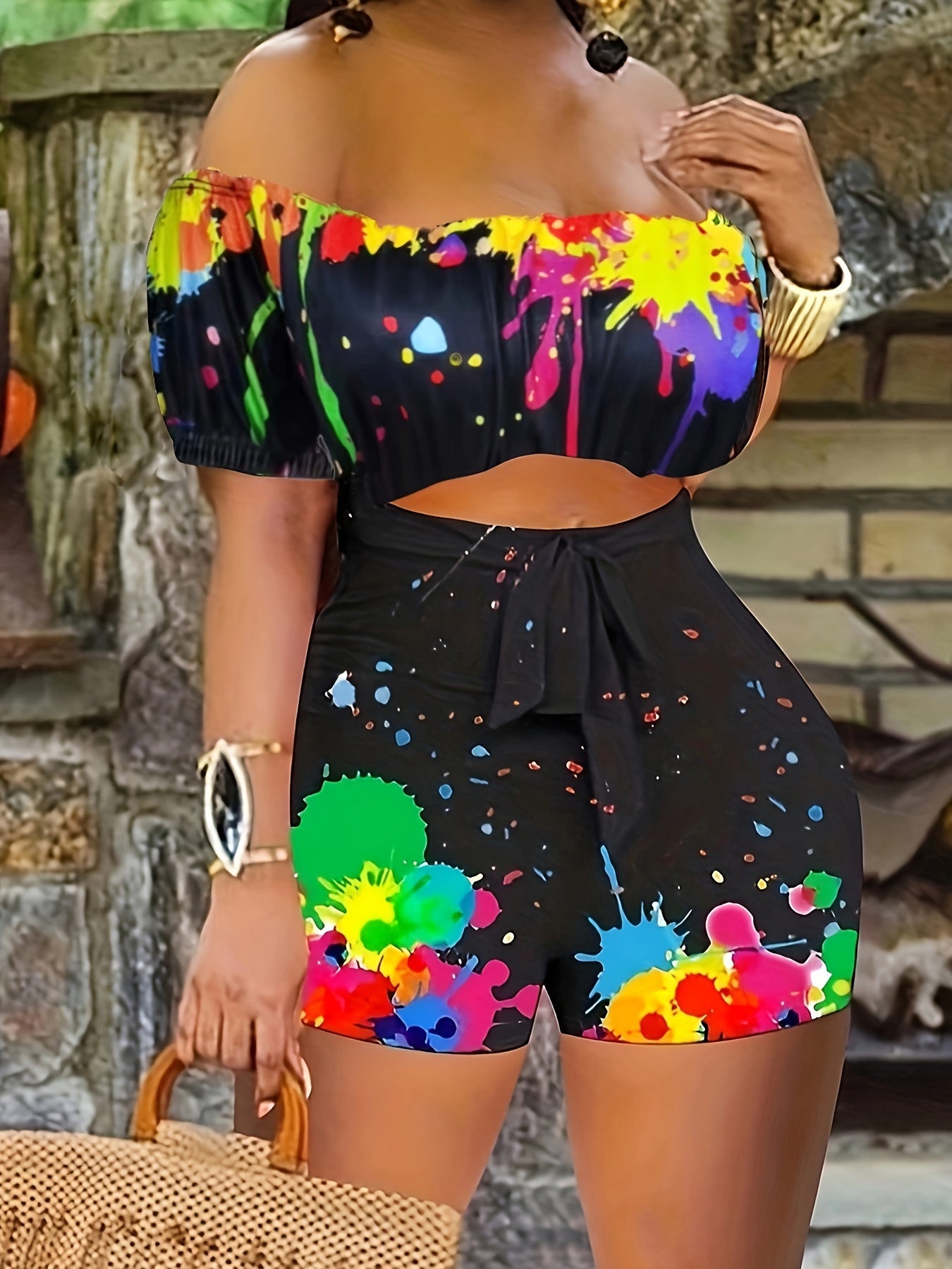 Off Shoulder Romper, Vacation Style Short Sleeve Lace Up Romper Jumpsuit For Spring & Summer, Women's Clothing