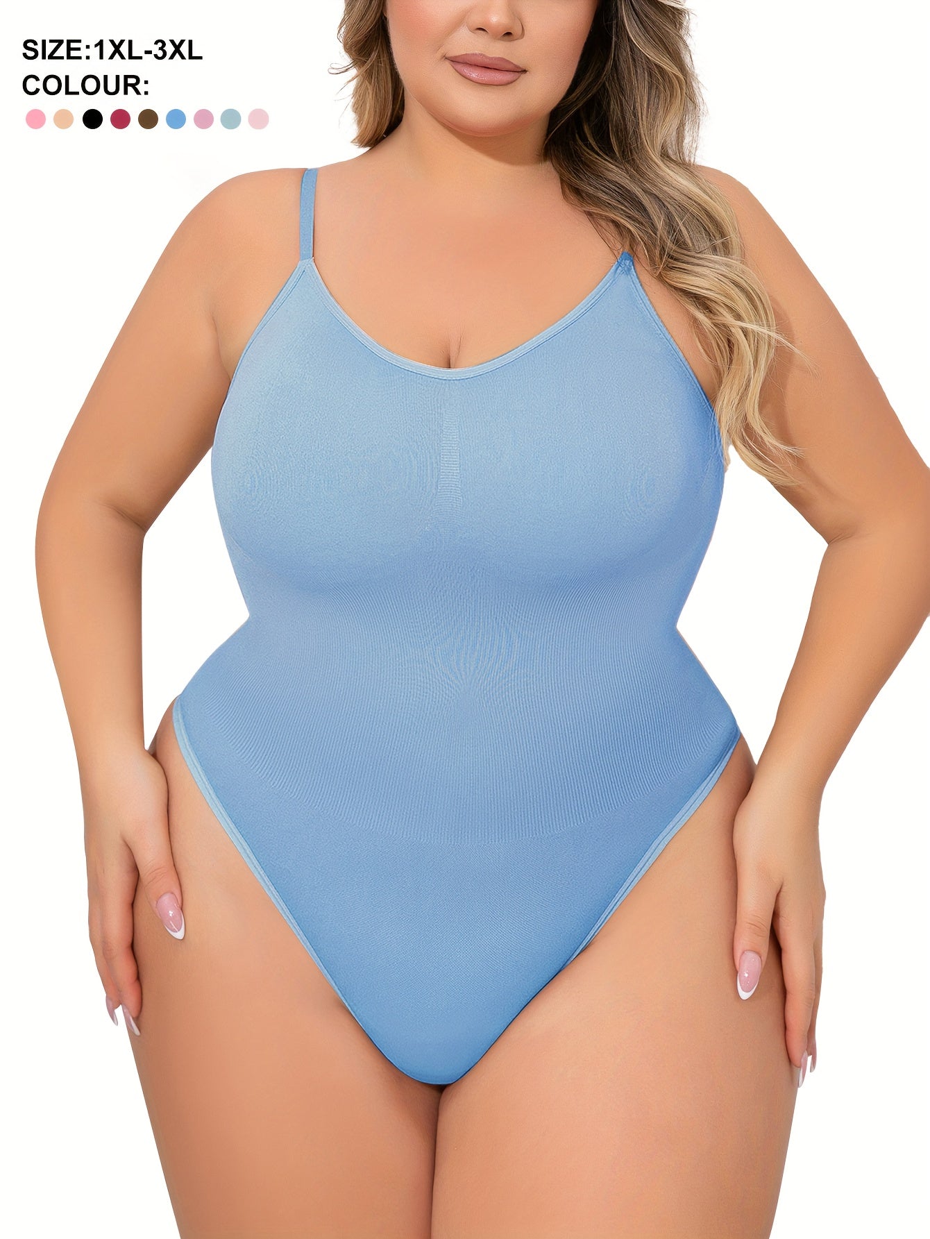 Plus Size Women's Adjustable Strap Bodysuit, One-piece Thong Bodysuit, Seamless Solid Color Bodysuit, Women's Underwear And Shapewear