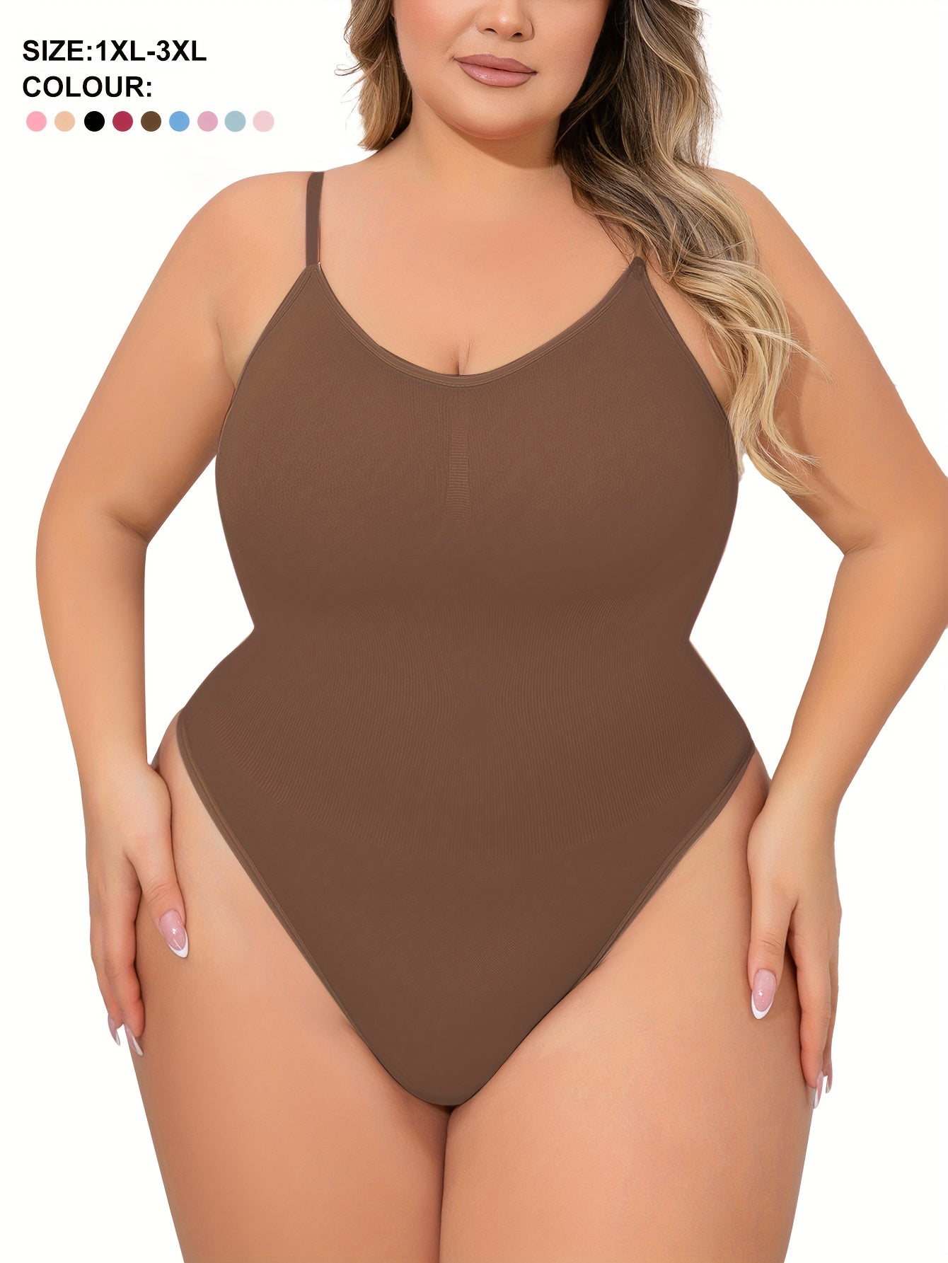 Plus Size Women's Adjustable Strap Bodysuit, One-piece Thong Bodysuit, Seamless Solid Color Bodysuit, Women's Underwear And Shapewear