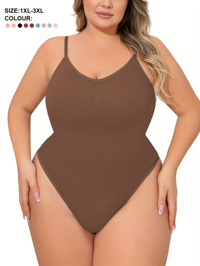 Plus Size Women's Adjustable Strap Bodysuit, One-piece Thong Bodysuit, Seamless Solid Color Bodysuit, Women's Underwear And Shapewear